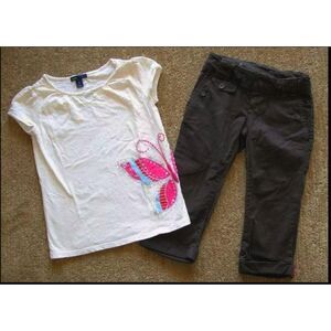 Gap kids girl outfit 6 7 S brown crop pants cream pink butterfly s/s top t-shirt